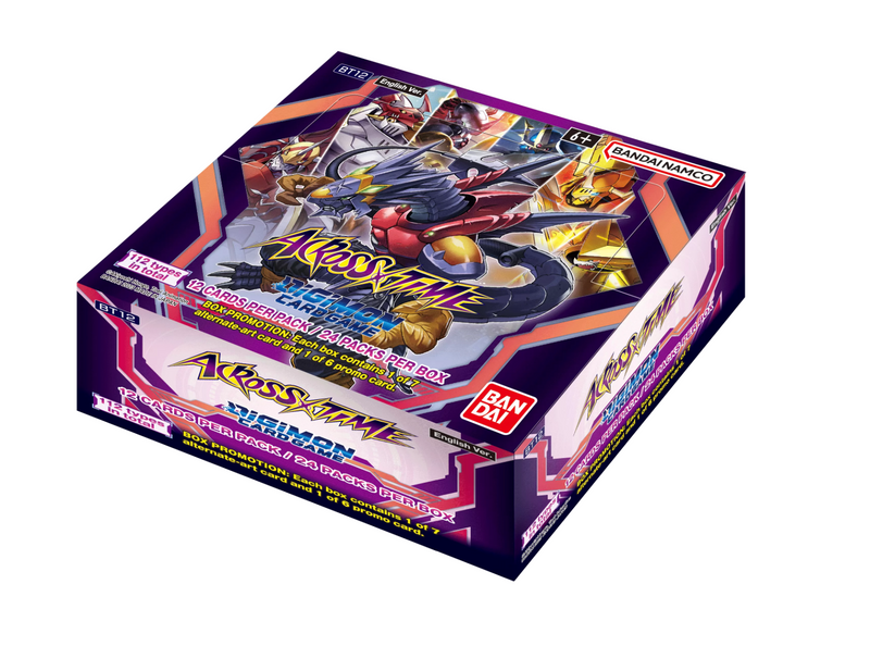 Box set of Digimon Across Time booster packs arranged in a grid with colorful character artwork and foil accents
