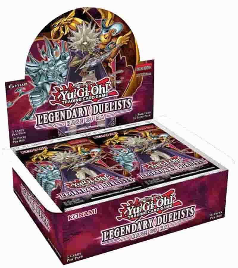 Stack of Legendary Duelists: Rage of Ra 1st Edition booster box packs fanned on a white background