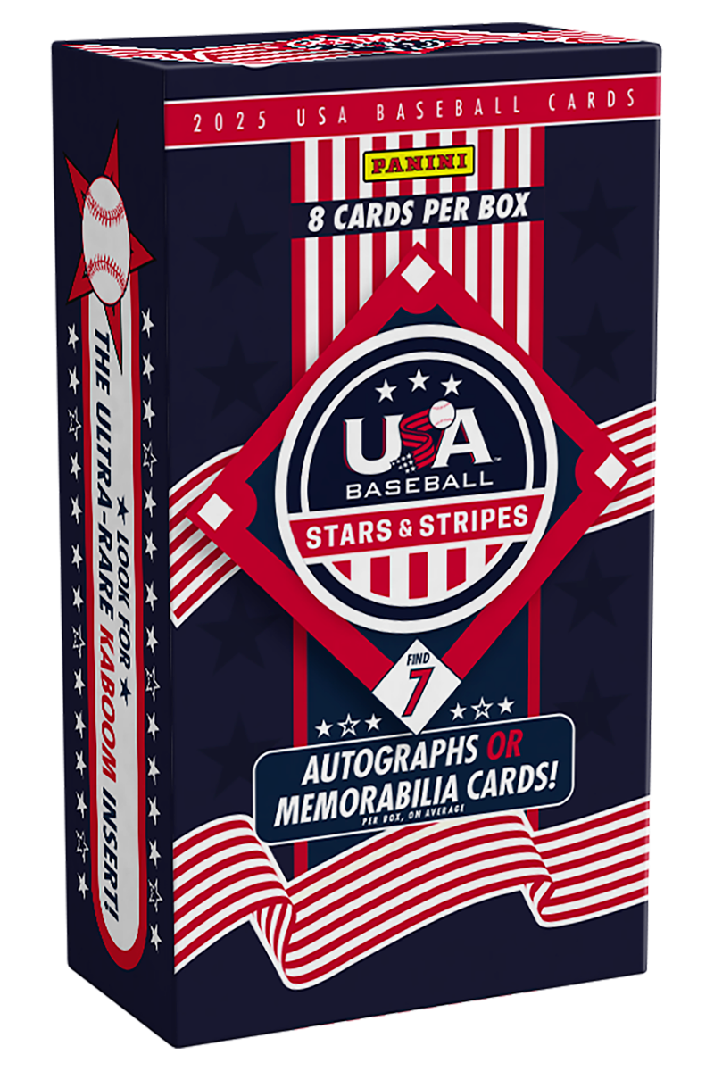 Hobby box of 2025 USA Stars & Stripes baseball cards with red, white, and blue patriotic box art