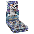 Box of 2025 cosmic chrome baseball hobby cards with shiny foil packaging and colorful player art