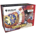Collector opening a sealed Marvel Super Heroes booster bundle with colorful comic-art card sleeves spilling out