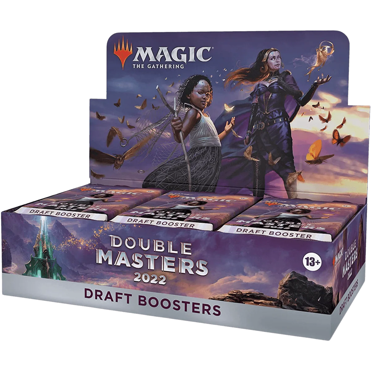 Open Magic: The Gathering Double Masters 2022 draft booster box showing sealed booster packs in a display box